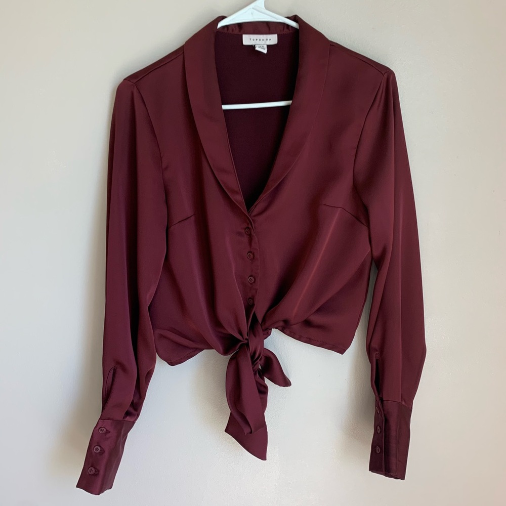 TOPSHOP Satin Long Sleeve Front Tie Blouse Size 6